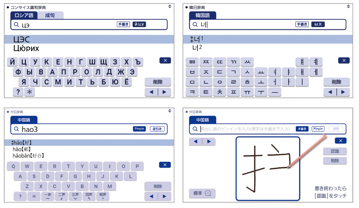 各言語の文字や手書きでの検索も可能